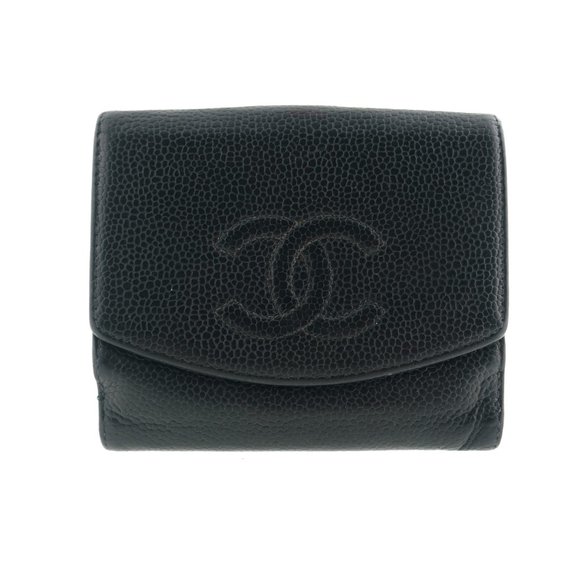 Authentic CHANEL Caviar Leather Bifold Snap Compact Clutch Wallet France - Picture 1 of 9